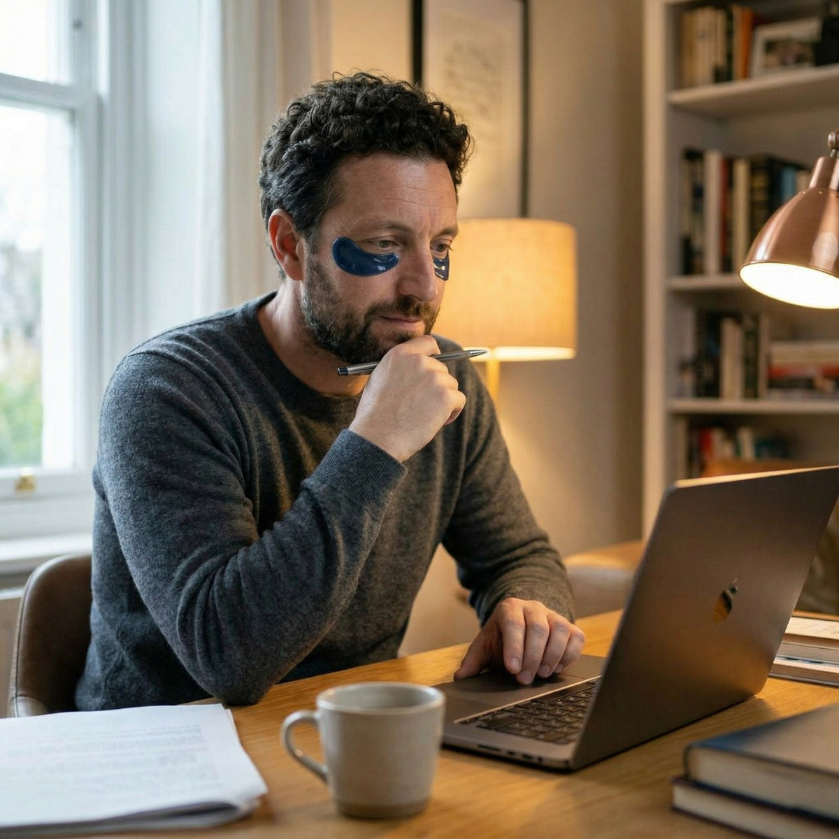 Man wearing under-eye patches while relaxing with coffee