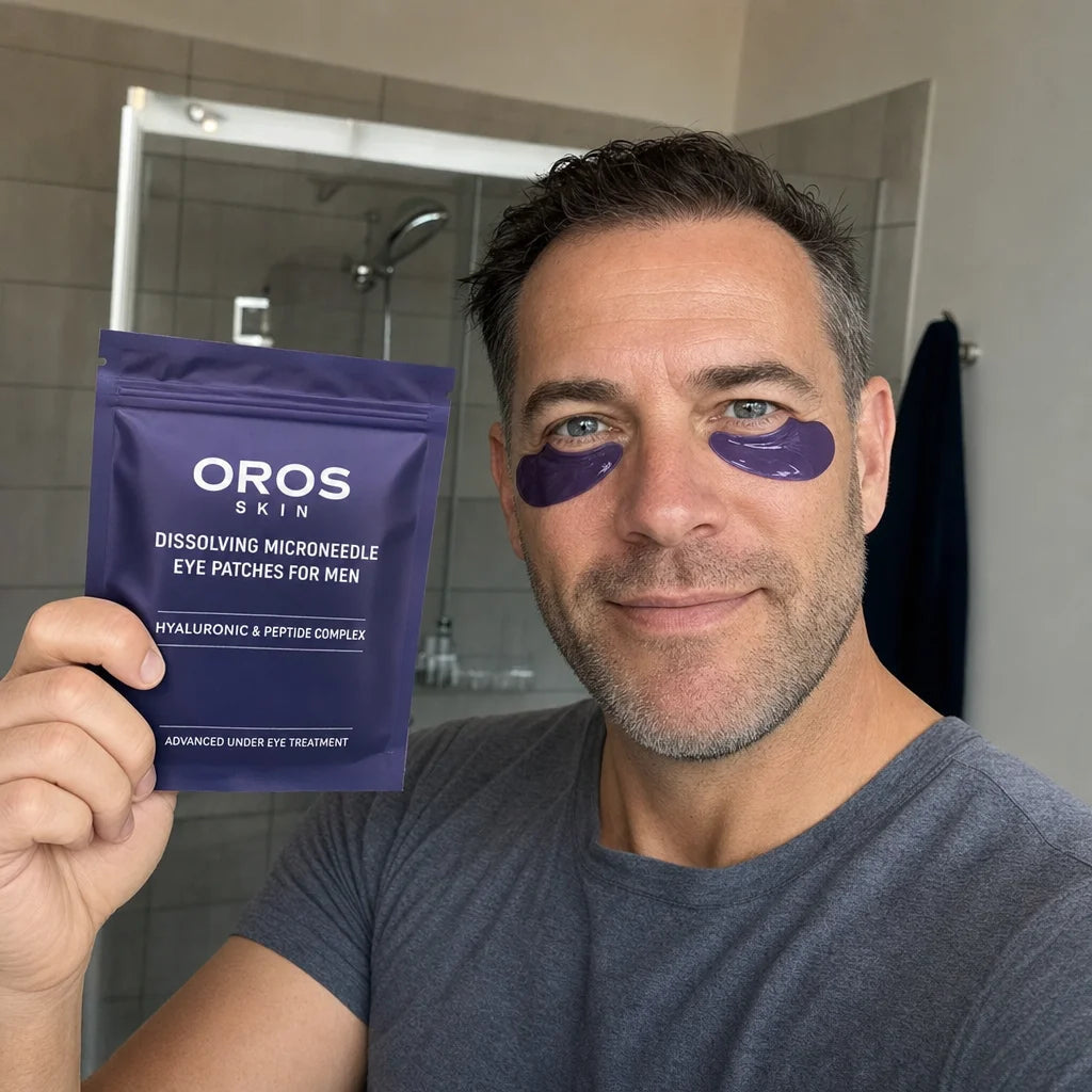 Man wearing OROS under-eye patches and holding the product